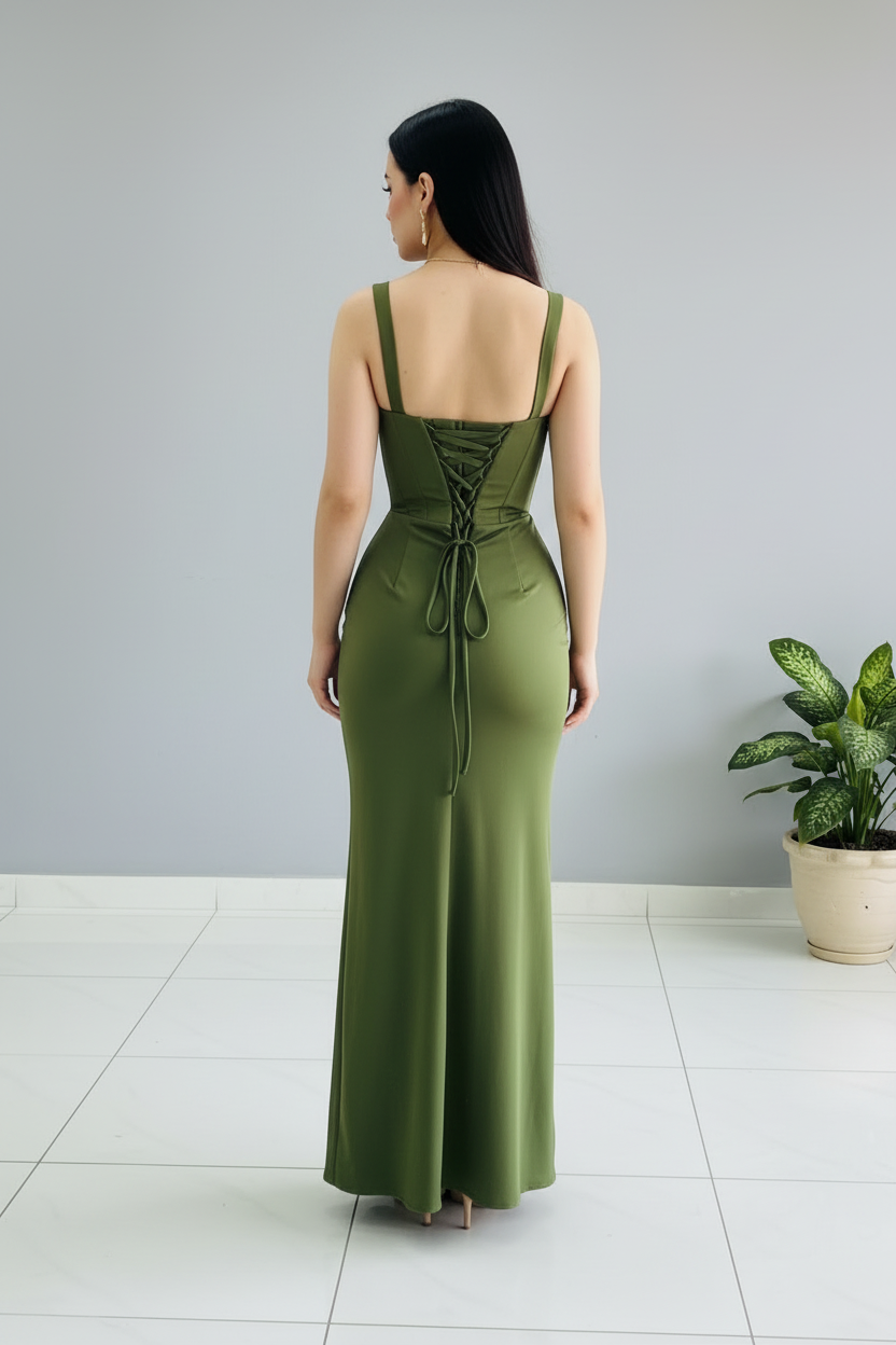 Vestido Sirena Verde Oliva Rosa 3D y Cola cod.635