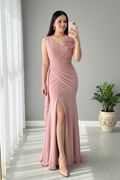 Vestido Rosa Palo Sirena con Rosa 3D y Abertura cod.961