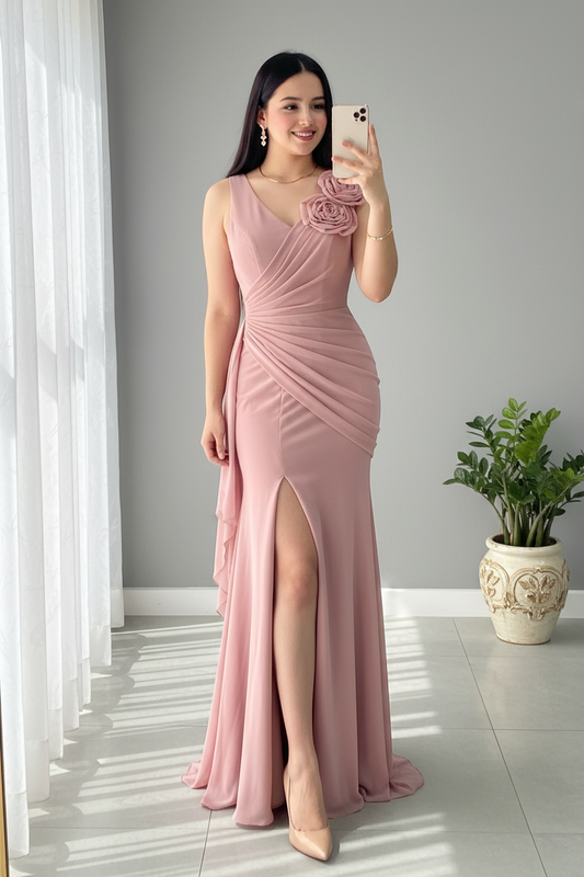 Vestido Rosa Palo Sirena con Rosa 3D y Abertura cod.961