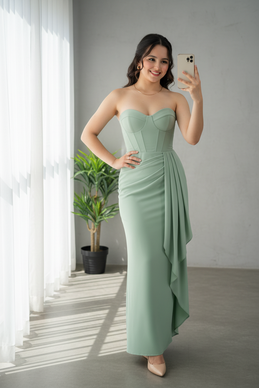 Vestido Verde Menta Strapless Corset con Drapeado Lateral cod.721