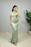 Vestido de Gala Verde Menta con Rosa y Drapeado - Elegante Largo Sirena cod.338