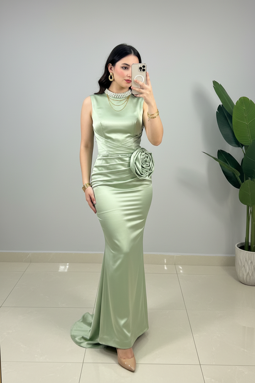 Vestido de Gala Verde Menta con Rosa y Drapeado - Elegante Largo Sirena cod.338