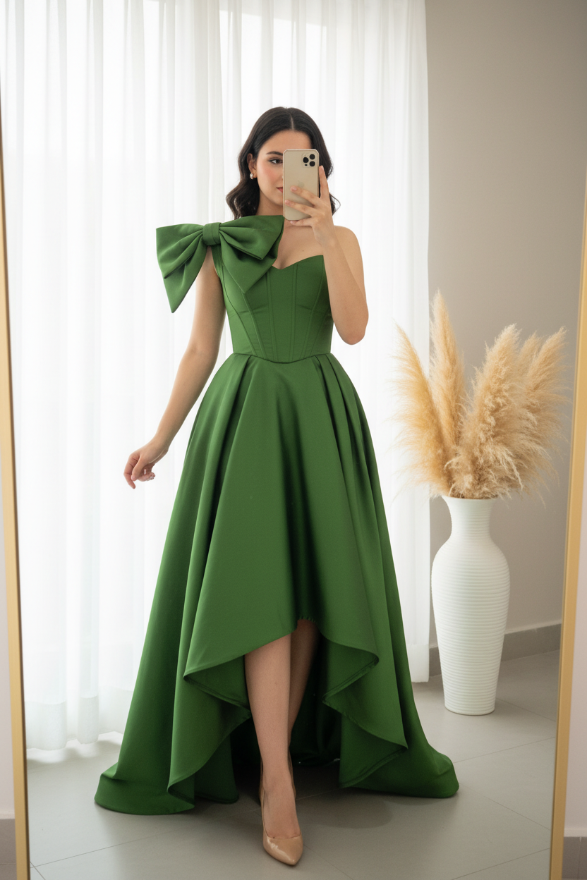 Vestido Verde Esmeralda Satén Moño Corsé High-Low cod.0097