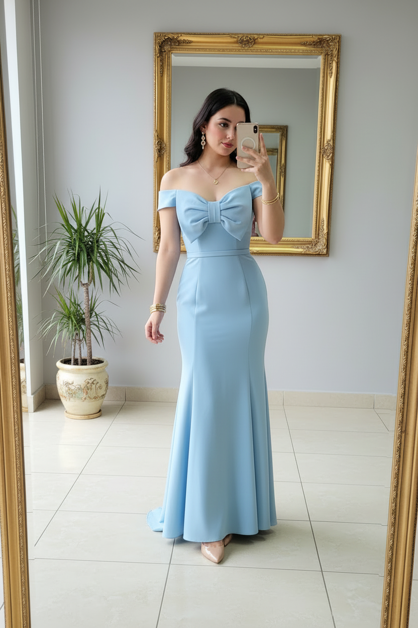 Vestido Formal Azul Cielo Off-Shoulder con Lazo cod.500