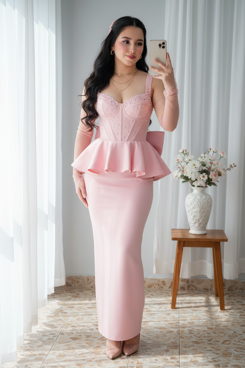 Conjunto Gala Rosa Baby Corset Perlas Peplum Doble y Lazo cod.C0033