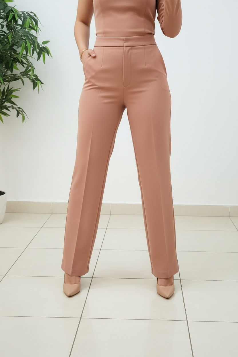 Conjunto Nude Top Un Hombro con Rosa 3D y Pantalón Palazzo Tiro Alto cod.478