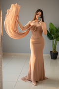 Vestido Nude Rose Sirena – Gown Nude Strapless con Rosa 3D & Tira Chifón cod.681