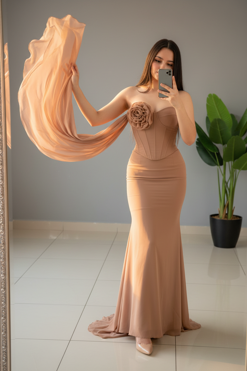 Vestido Nude Rose Sirena – Gown Nude Strapless con Rosa 3D & Tira Chifón cod.681