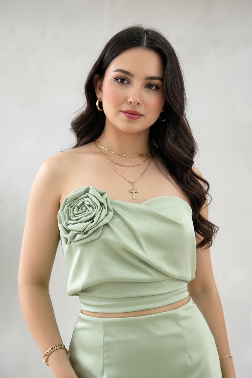 Conjunto Elegante Verde Salvia: Crop Top con Rosa 3D + Falda Sirena - 2 Piezas cod.333