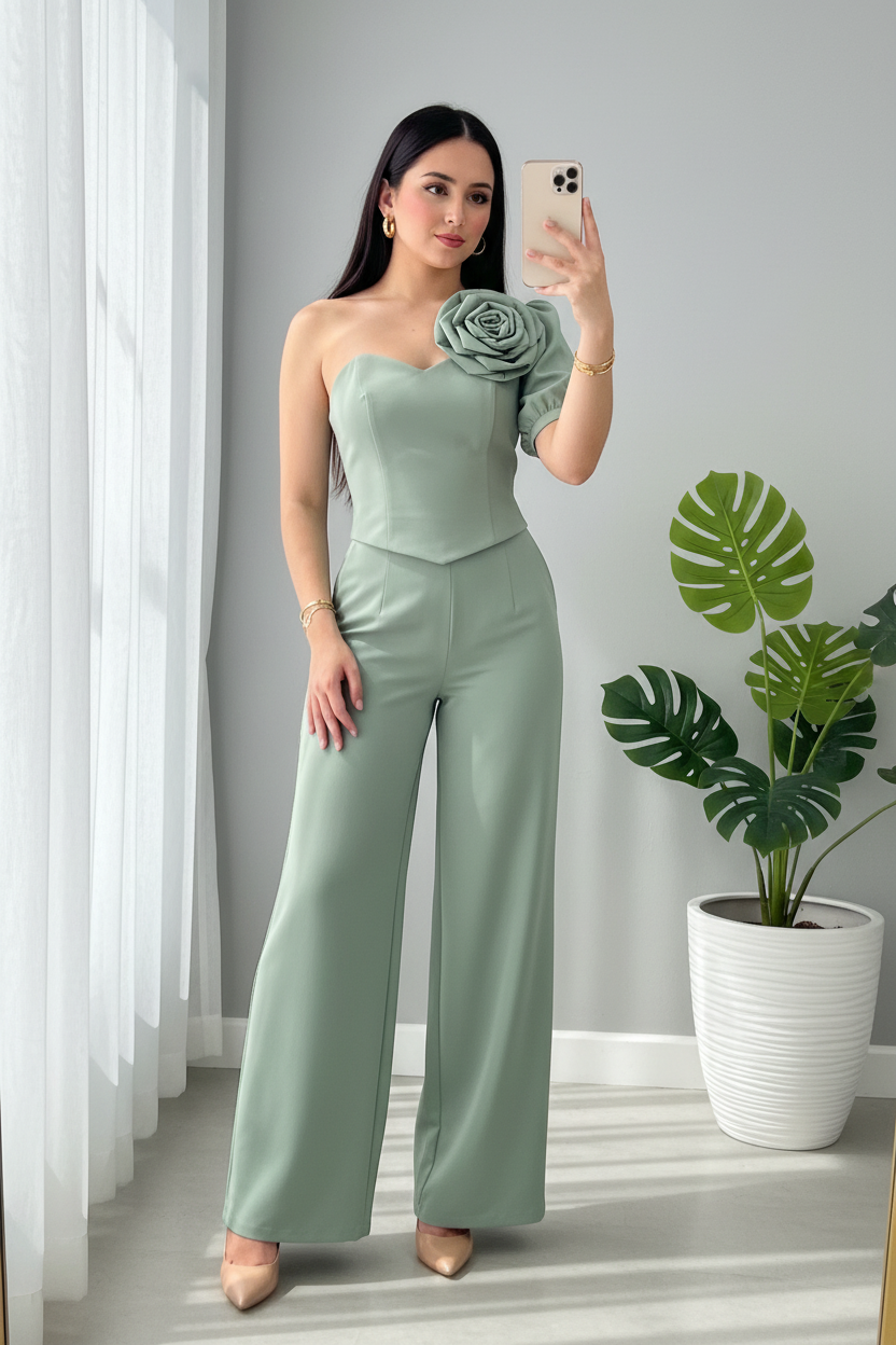 Conjunto Verde Menta — Corset Rosa 3D & Palazzo cod.0032
