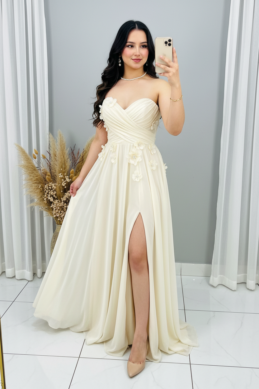 Vestido Ivory Strapless Escote Corazón Flores 3D Tul con Abertura cod.V296