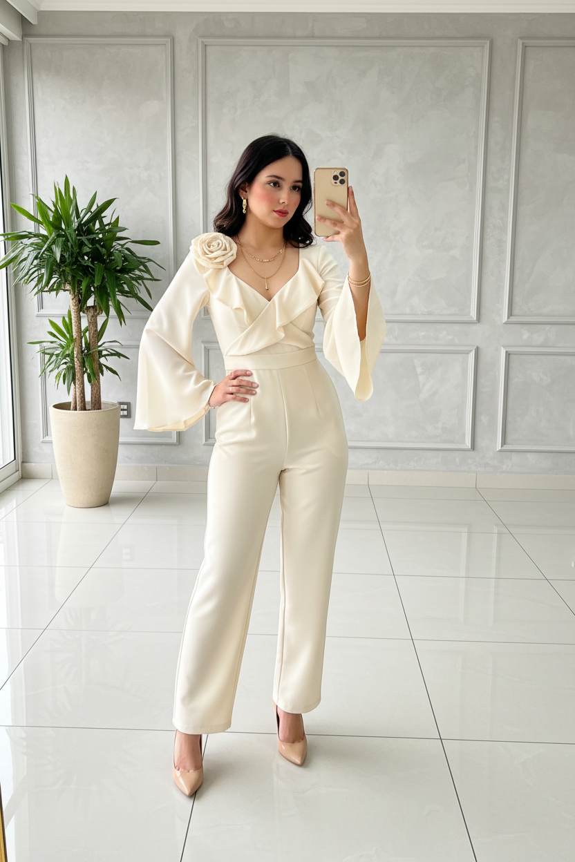 Enterizo Elegante Blanco Marfil con Rosa 3D y Volantes - Mangas Campana Sofisticado cod.348