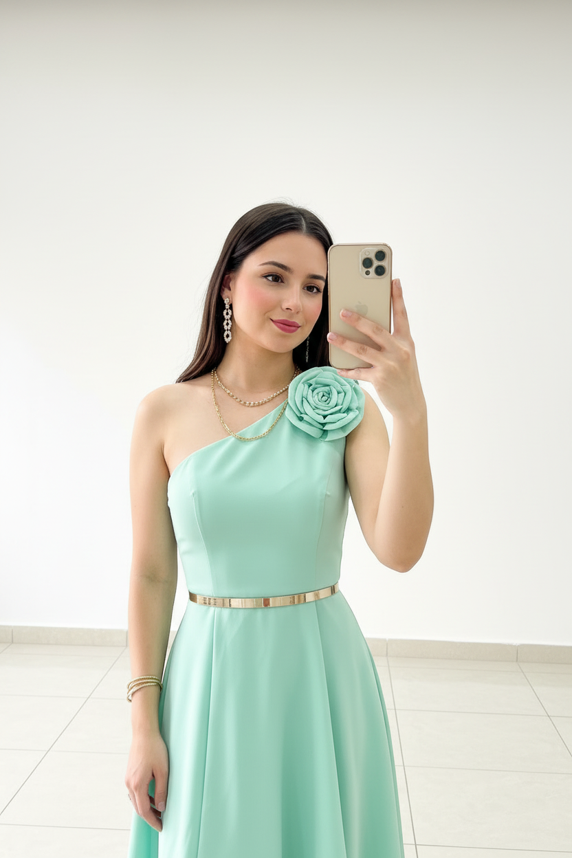 Vestido Verde Menta Un Hombro con Rosa 3D y Falda High-Low cod.452
