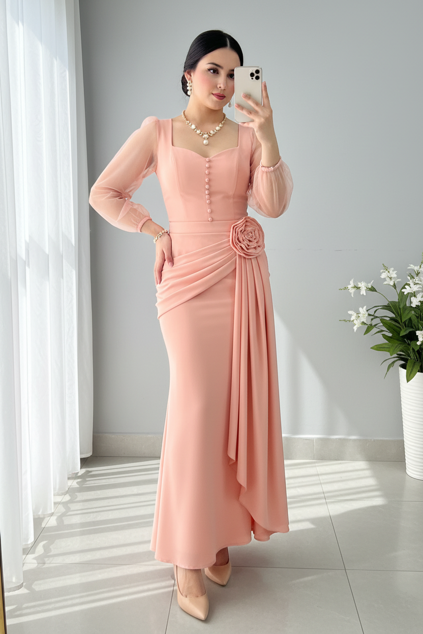 Vestido Sirena Rosa Palo — Escote Corazón, Botones Dorados, Manga Tul & Rosa 3D Cintura cod.887