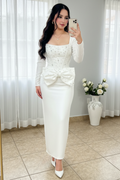 Vestido Elegante Blanco Corset Cristales Lazo y Falda Lápiz cod.V0032