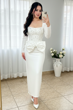 Vestido Elegante Blanco Corset Cristales Lazo y Falda Lápiz cod.V0032