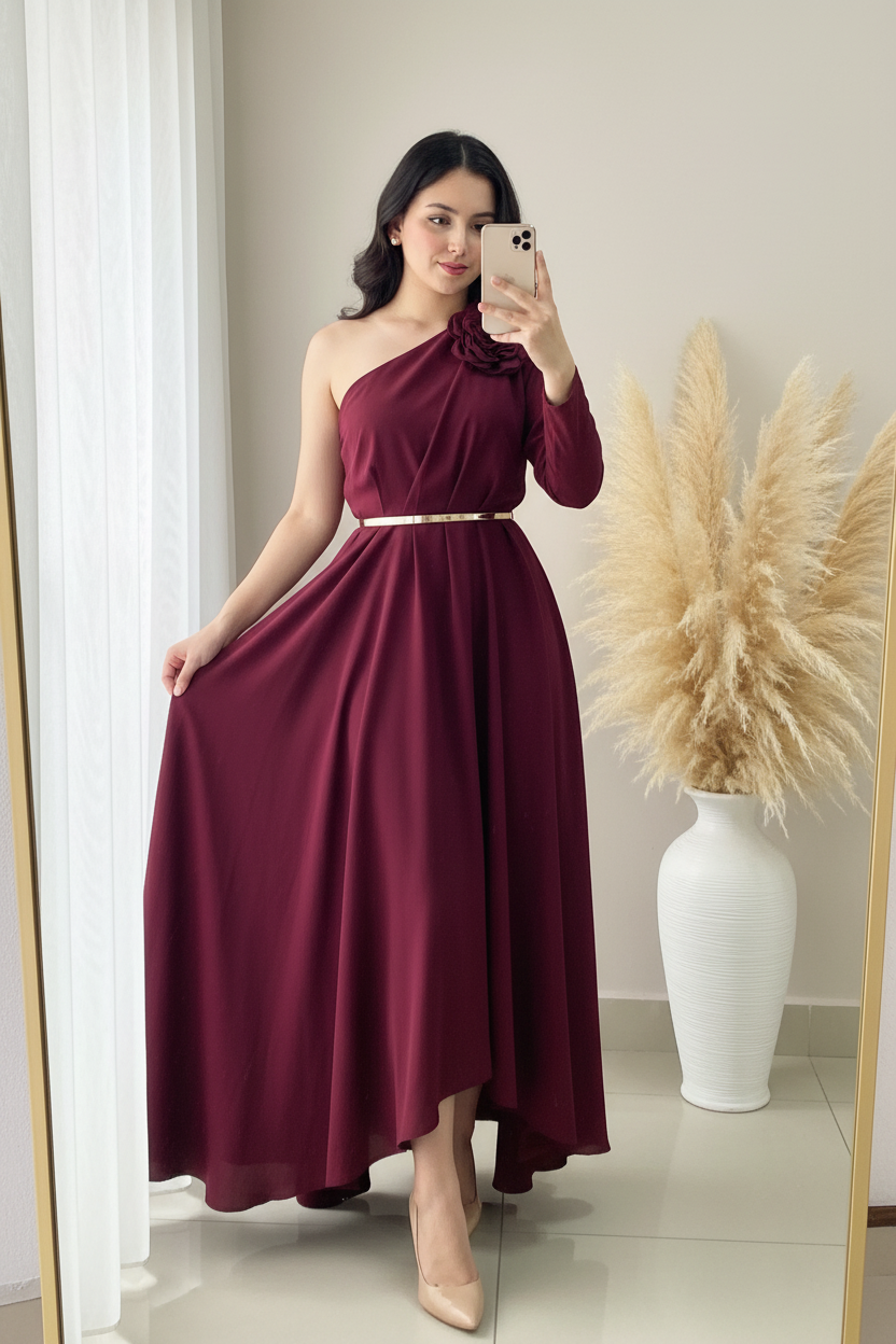 Vestido Vino Un Hombro Rosa 3D Cinturón Dorado cod.0091