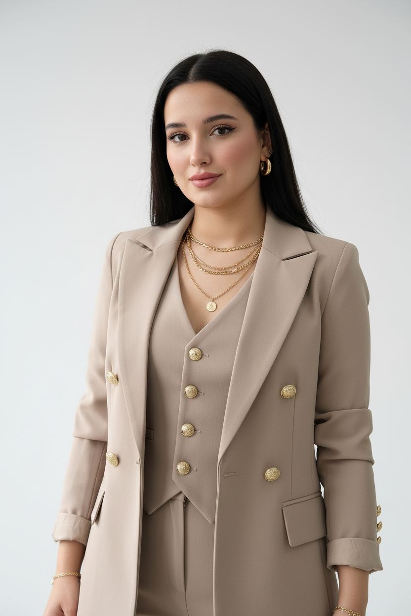 Conjunto Set Premium 3 Piezas Beige: Blazer + Chaleco + Pantalón - Ejecutivo Elegante cod.321