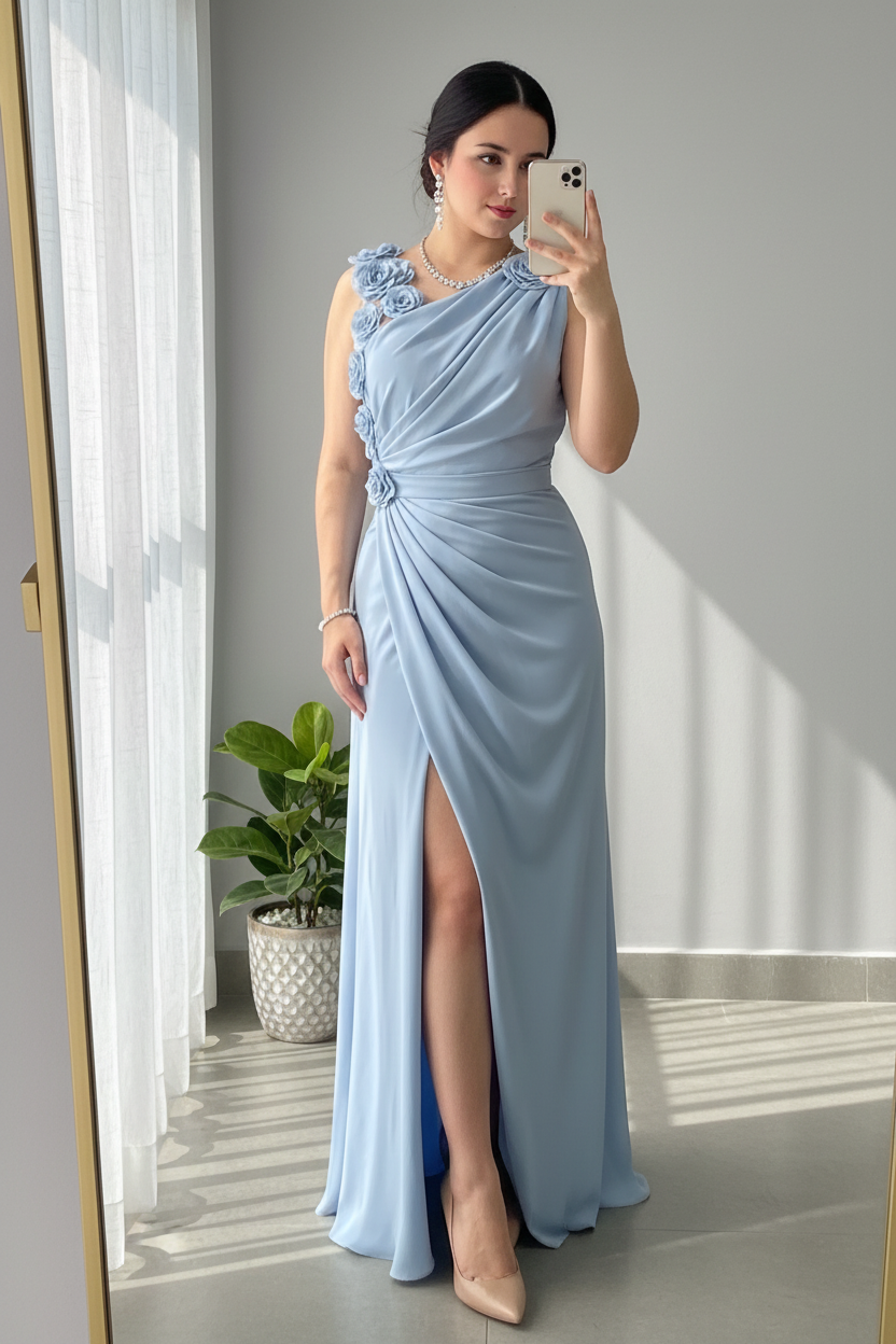 Vestido Azul Cielo Rosas 3D Abertura Lateral cod.V001