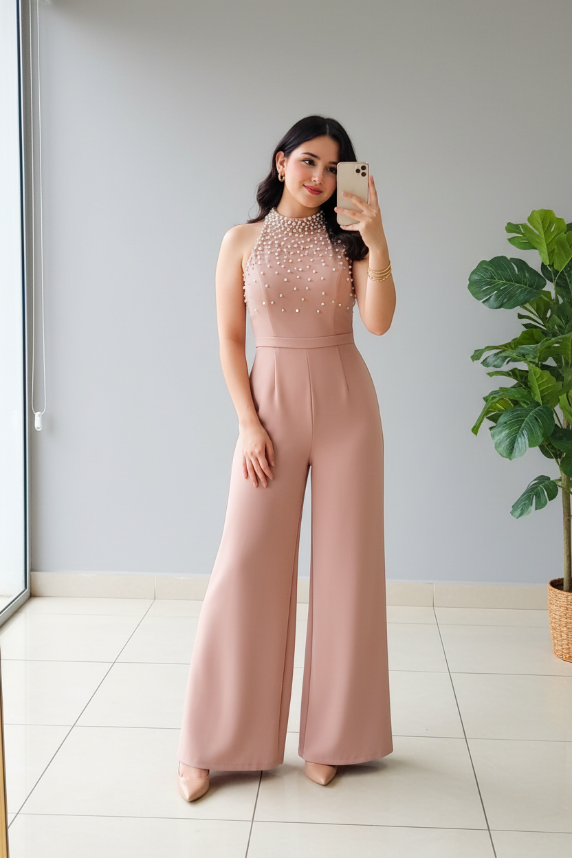Enterizo Elegante Rosa Palo con Perlas - Cuello Halter y Pantalón Pierna Ancha cod.357