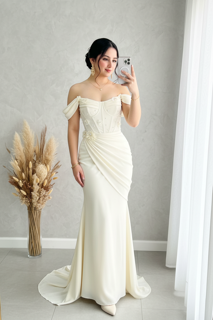 Vestido Ivory Off-Shoulder Sirena con Perlas y Corsét cod.V365