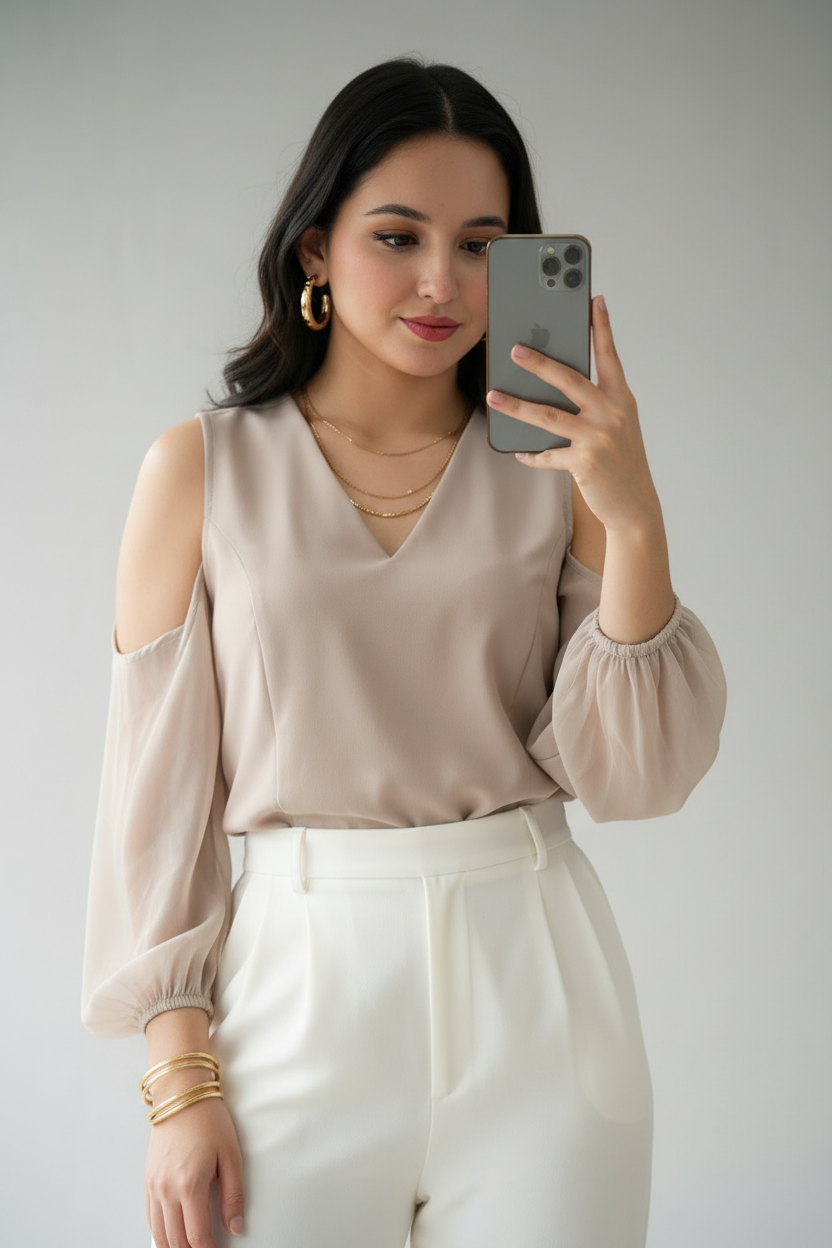 Blusa Beige Cold-Shoulder con Mangas Globo en Chifón cod.380