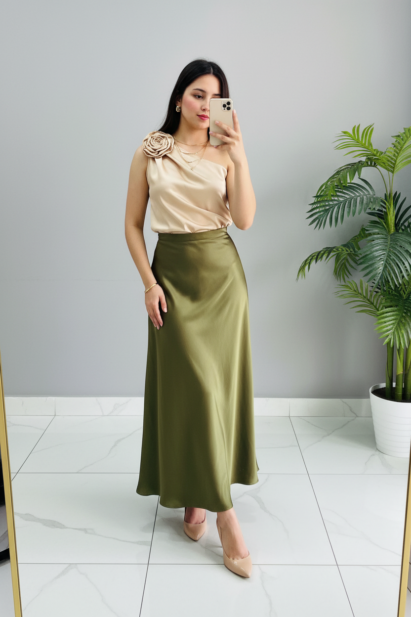 Conjunto Top Champagne con Rosa 3D y Falda Midi Verde Oliva Satinada cod.393