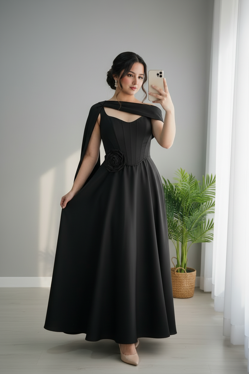 Vestido Negro Falda Amplia con Capa y Rosa D cod.716
