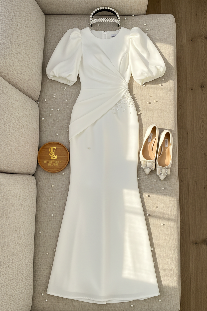 Vestido Blanco Largo Cuello Redondo Manga Puff con Perlas y Sirena cod.481