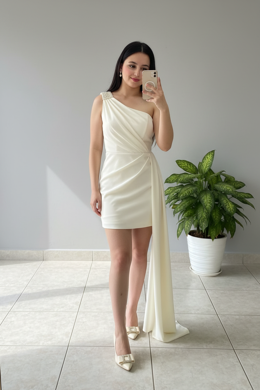 Vestido Blanco Mini Un Hombro con Perlas y Cola de Chifón cod.484