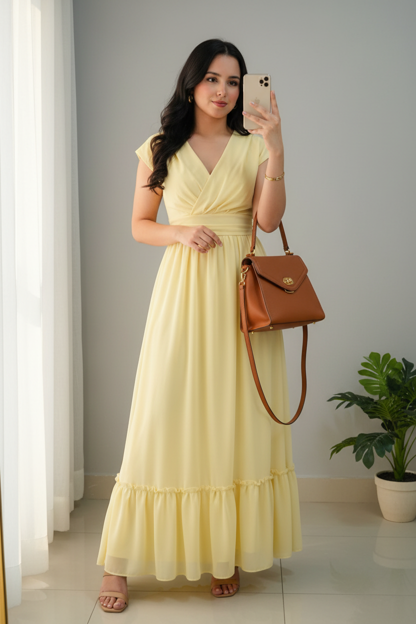 Vestido Amarillo Pastel Maxi con Escote V y Volante cod.780