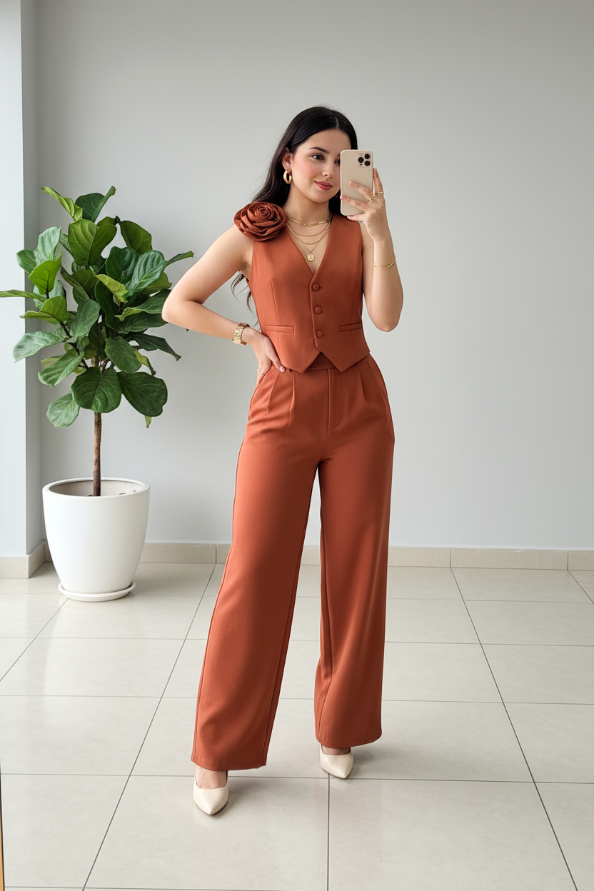 Conjunto Terracota: Chaleco con Rosa 3D y Pantalón Palazzo cod.411