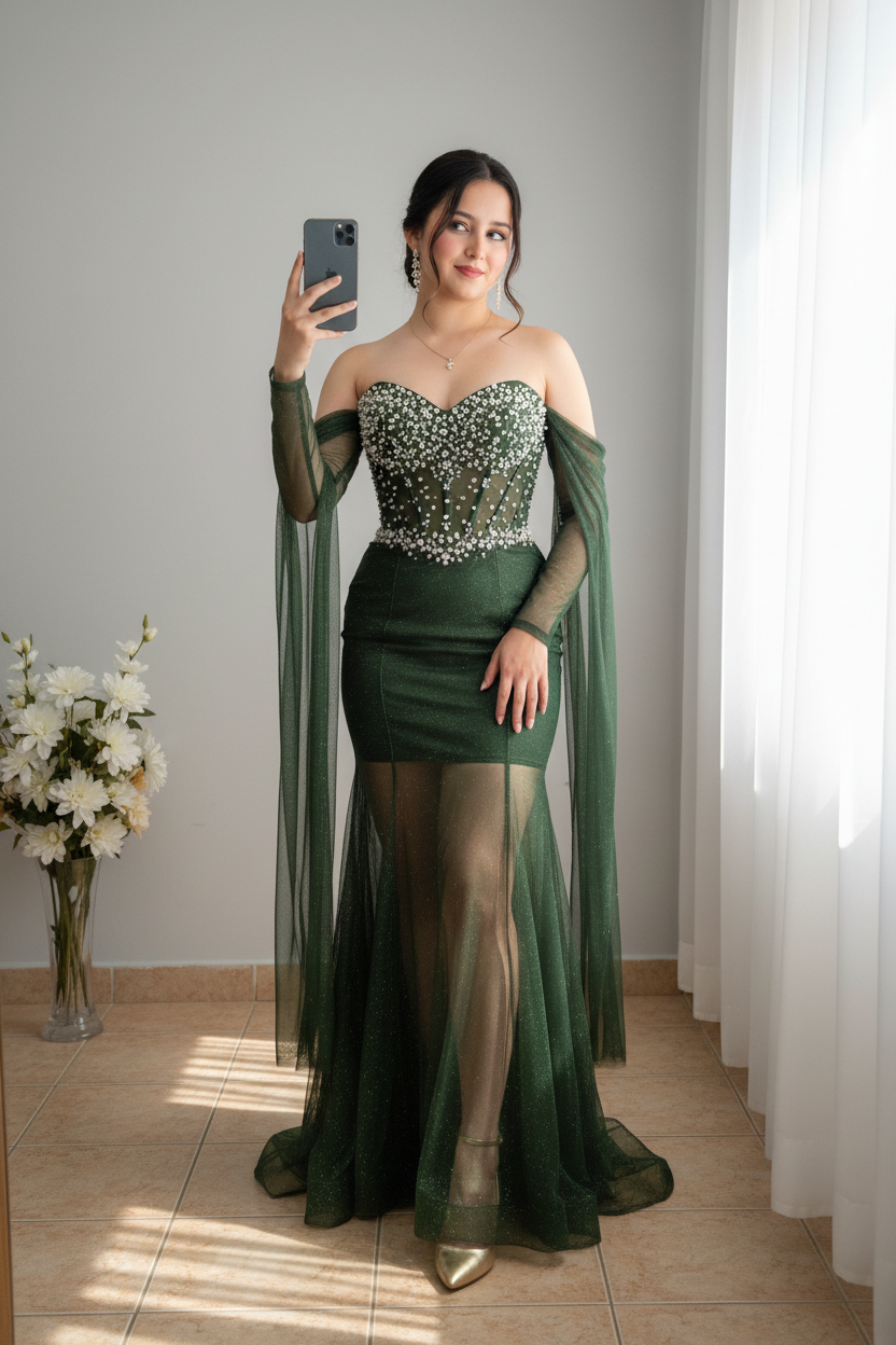 Vestido Gala Verde Olivo Strapless Corset Cristales Mangas Tul Capa cod.V0040