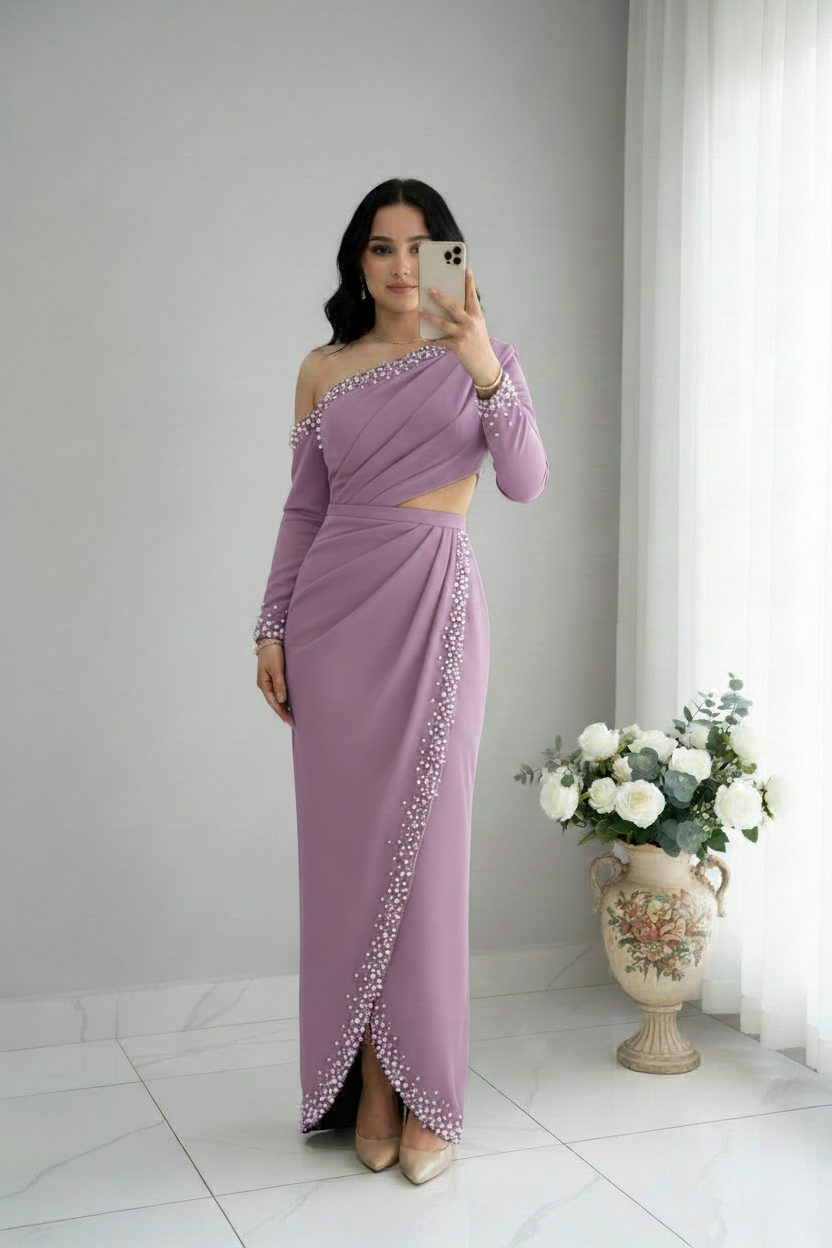 Vestido Lila Hombro Caído Perlas Cutout | VM-015