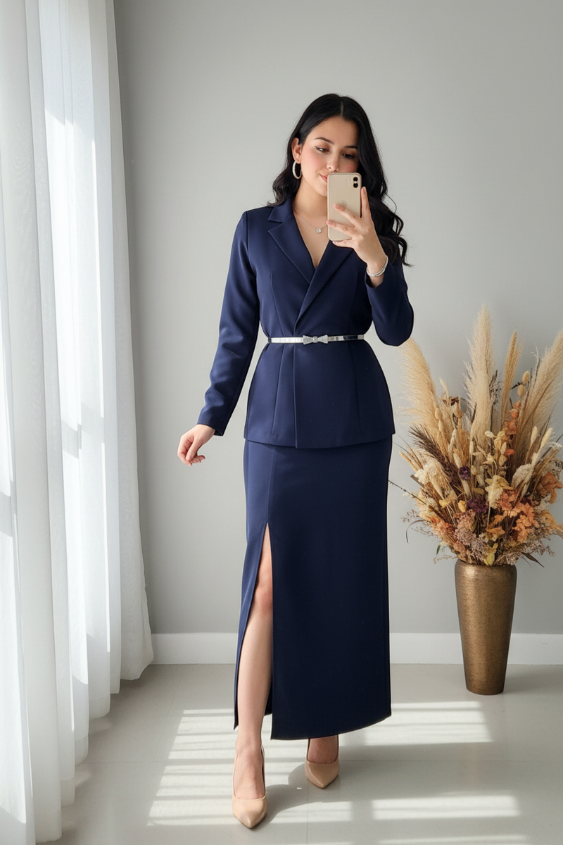Conjunto Azul Marino Blazer Cruzado y Falda Maxi con Abertura cod.C372