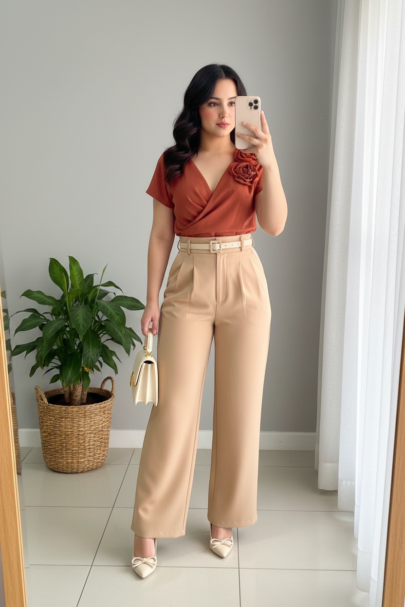 Conjunto 2 Piezas Top Terracota Rosa 3D y Palazzo Beige cod.00135