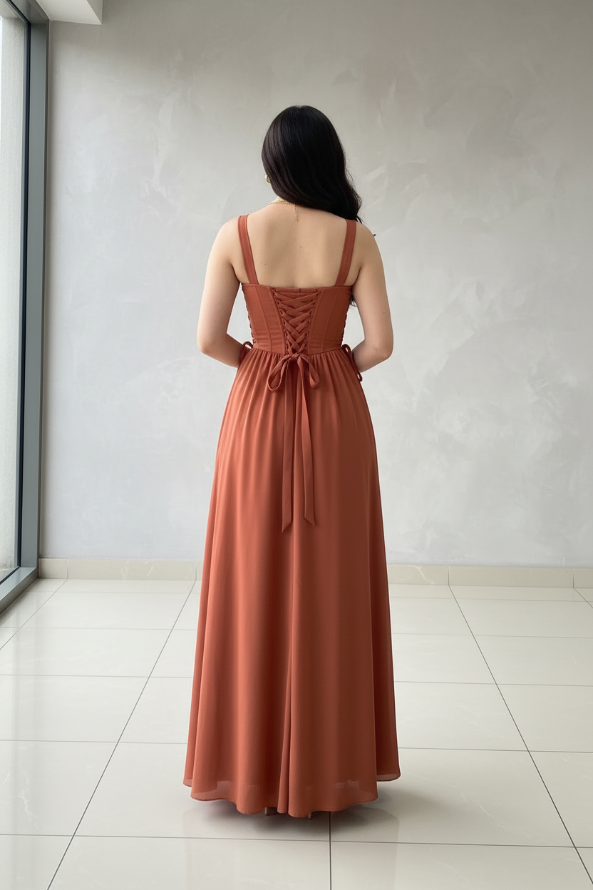Vestido Terracota con Corsé Estructurado, Tirantes Anchos y Falda en Chifón cod.376