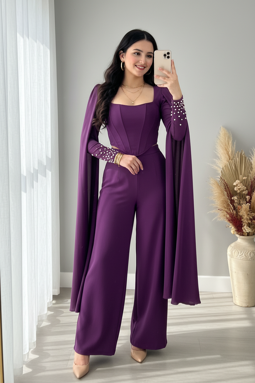 Conjunto Morado Corset + Pantalón Palazzo con Mangas Capa y Perlas cod.C778