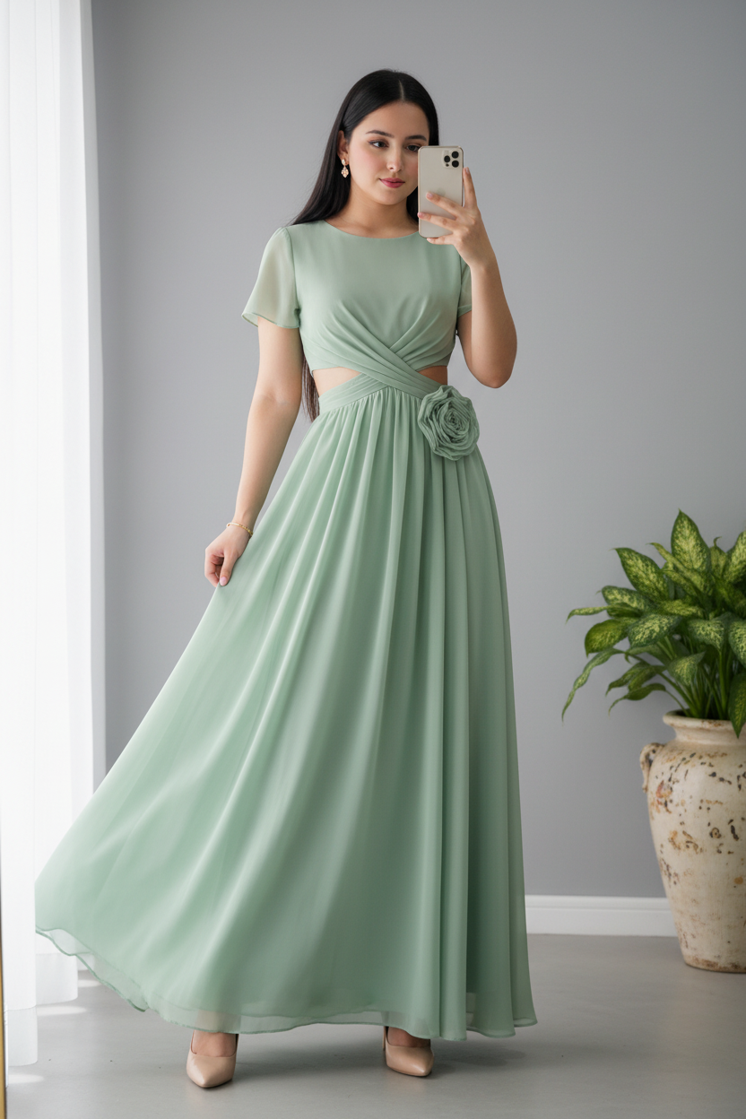 Vestido Verde Salvia Maxi Gasa con Rosa D cod.952