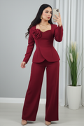 Conjunto Borgoña — Blazer Peplum Rosa 3D & Palazzo cod.0037