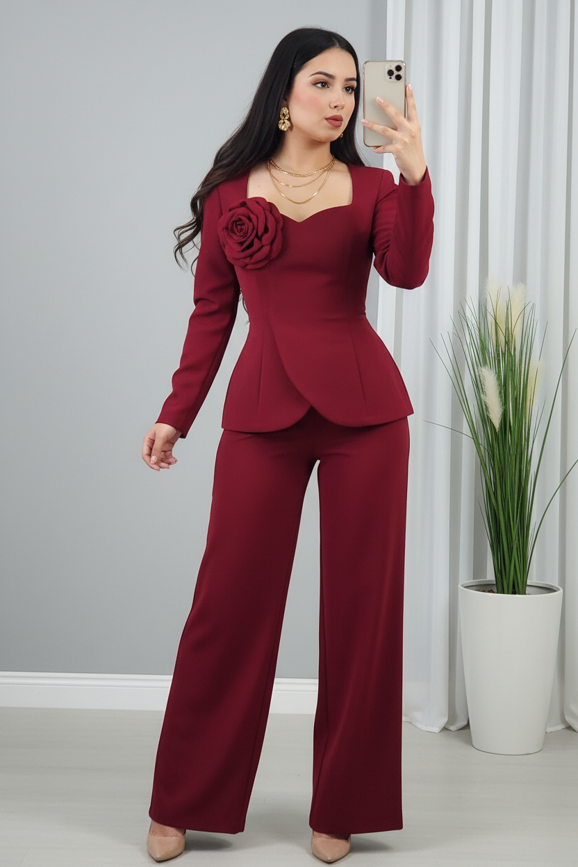 Conjunto Borgoña — Blazer Peplum Rosa 3D & Palazzo cod.0037