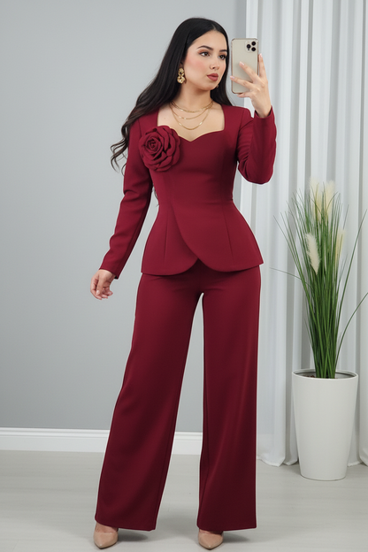 Conjunto Borgoña — Blazer Peplum Rosa 3D & Palazzo cod.0037