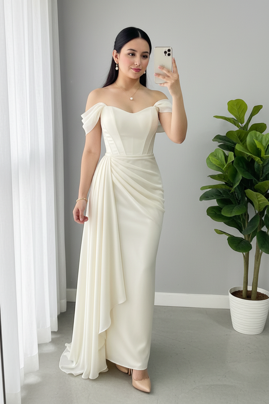 Vestido Blanco Off-Shoulder con Capa Drapeada cod.V670