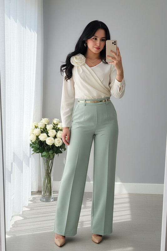 Conjunto Blusa Blanca y Pantalón Verde Menta cod.C730