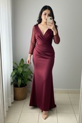 Vestido Vino Burdeos Manga Encaje Sirena Espalda Descubierta cod.00104