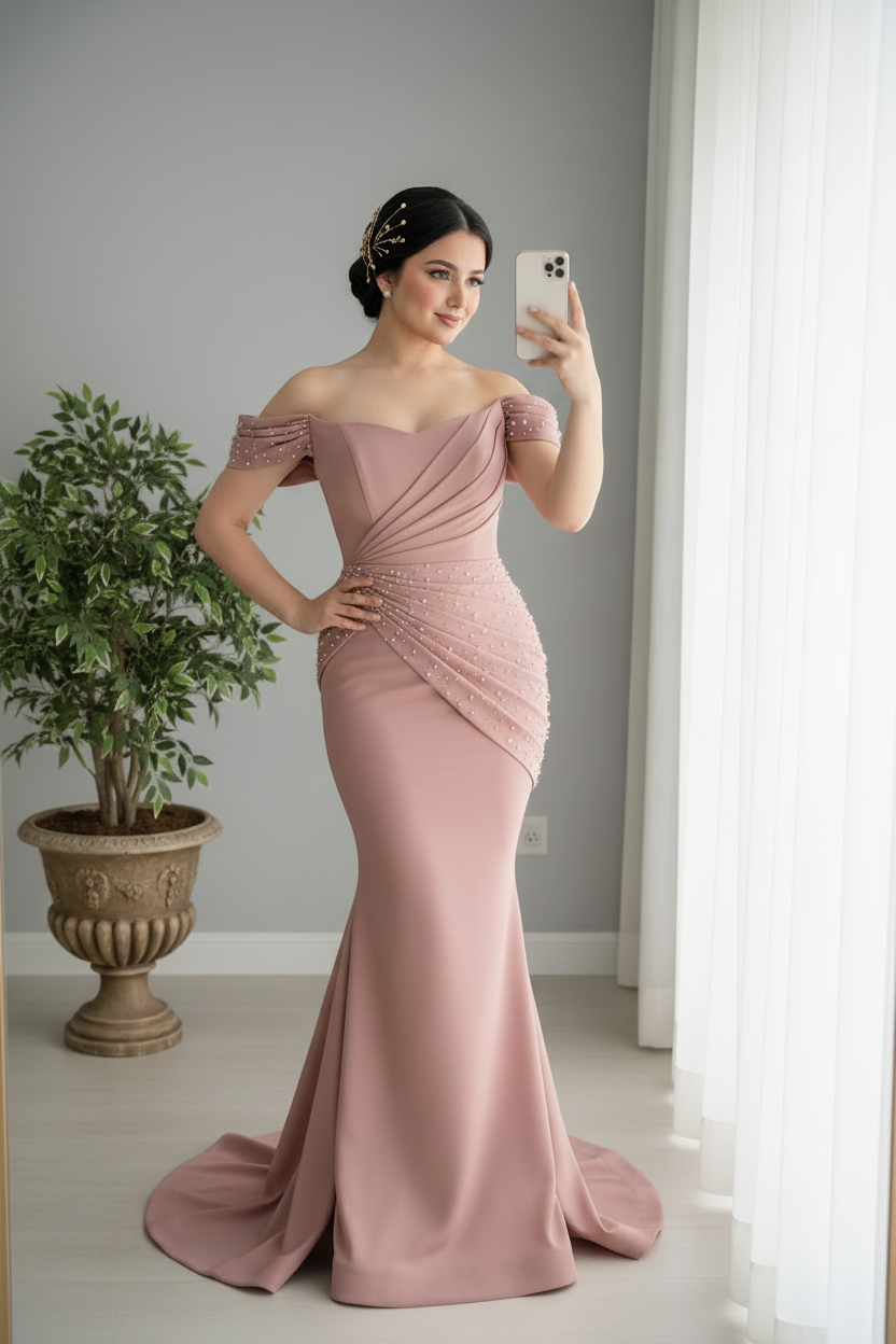 Vestido Rosa Palo Off-Shoulder Perlas Sirena cod.0022