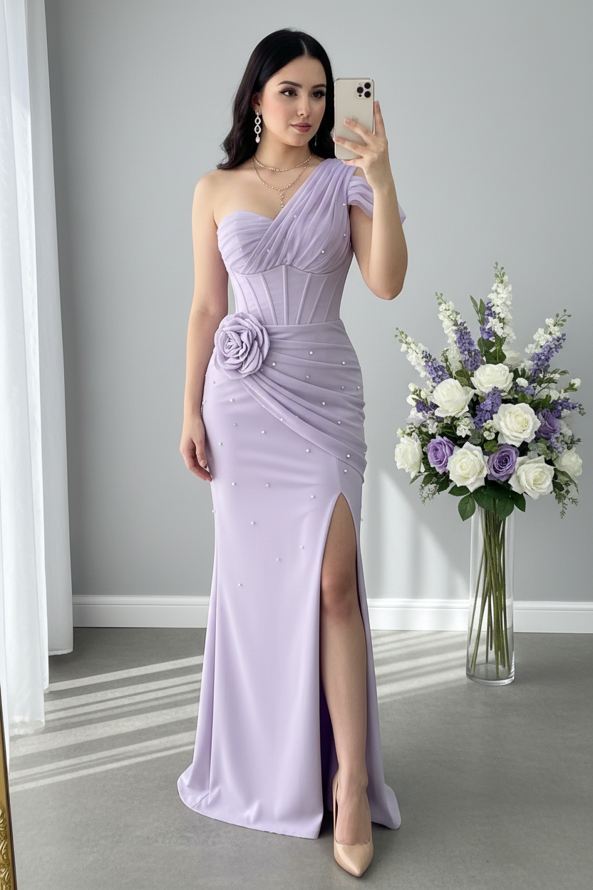 Vestido Lila Lavanda Un Hombro Corsé Perlas Rosa 3D Abertura cod.V0035
