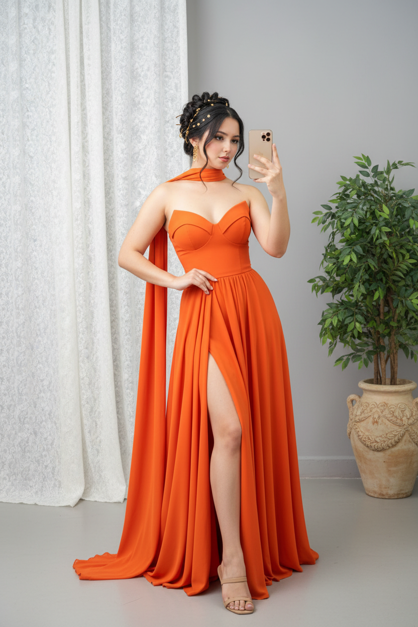 Vestido Naranja Terracota Strapless con Tira al Cuello y Abertura Alta cod.0076