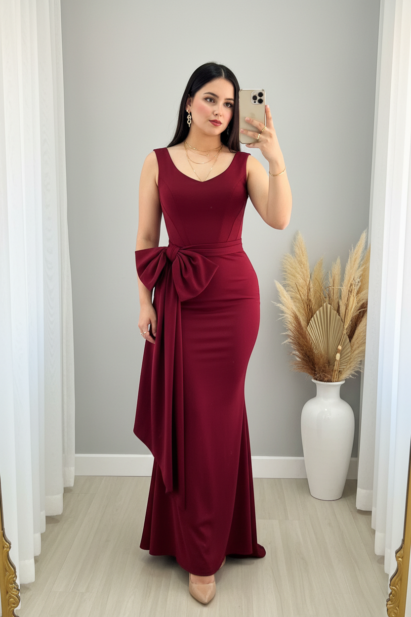 Vestido Vino Borgoña Sirena Sin Mangas Lazo Lateral cod.00177