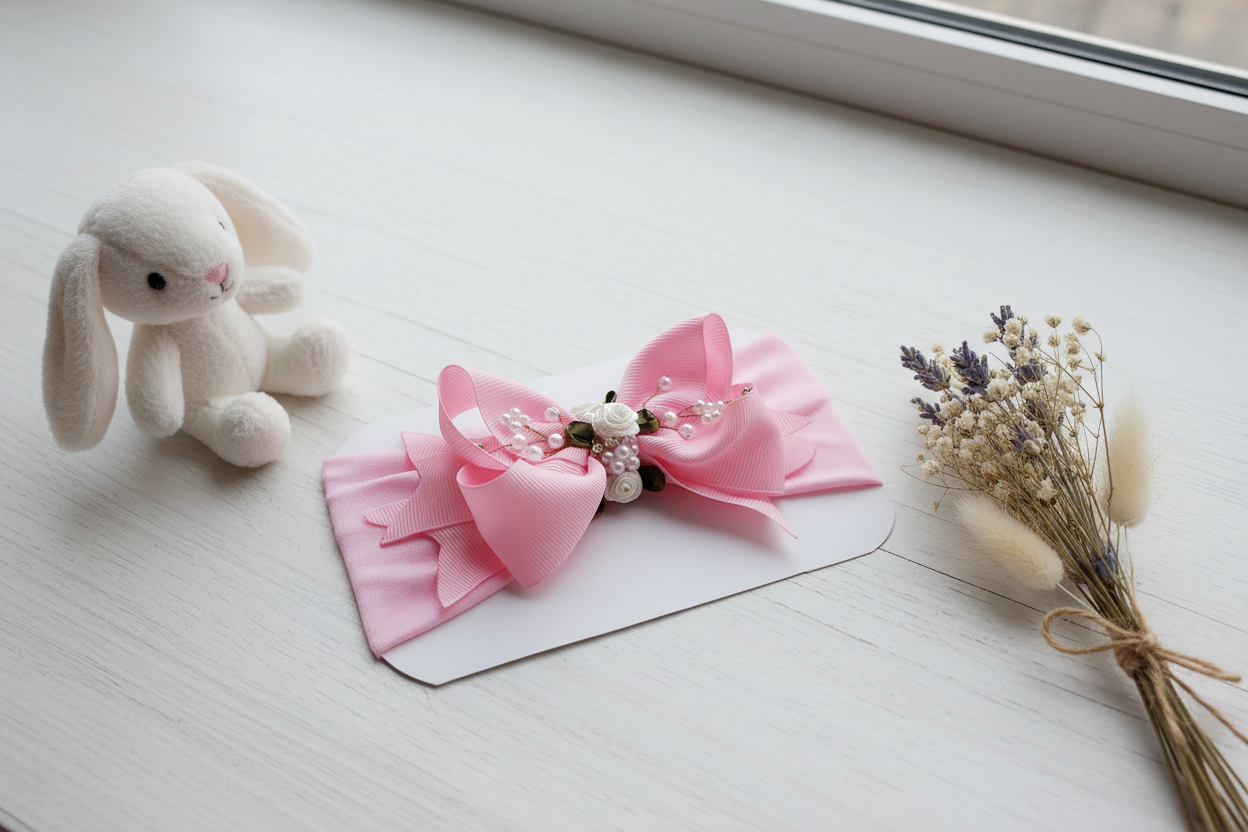 Diadema Bebé Niña Lazo con Perlas y Flor - Colores Pastel cod.65